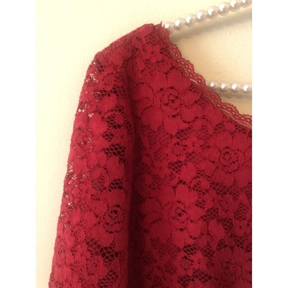 Laundry Shelli Segal Womens Size 10 Red Lace Sheath Dress 3/4 Sleeve - Picture 3 of 7